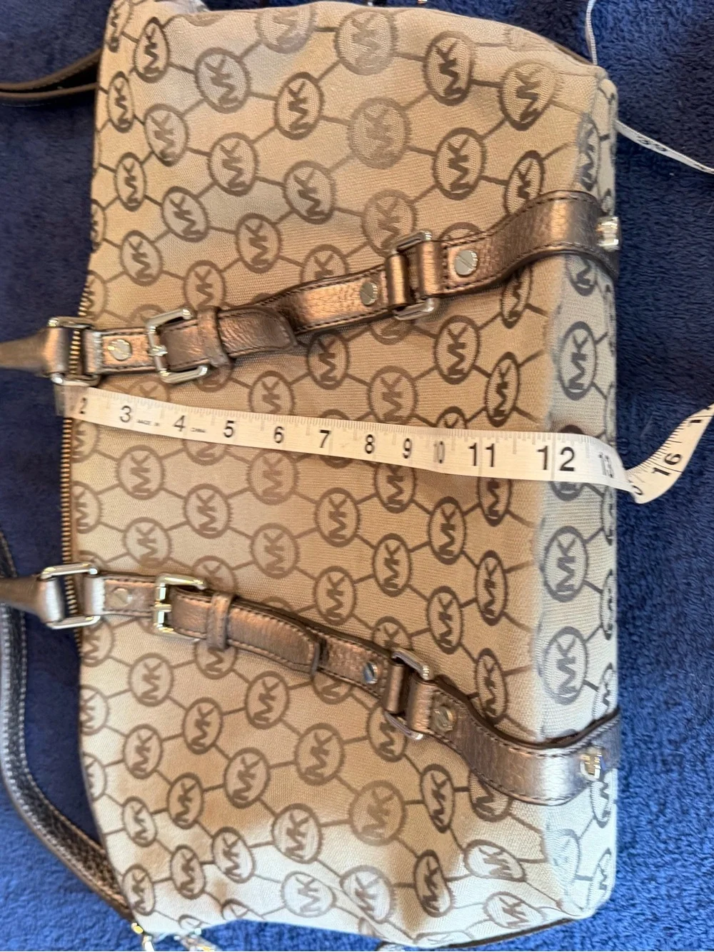 Michael Kors Beige Monogram Satchel with Bronze Trim